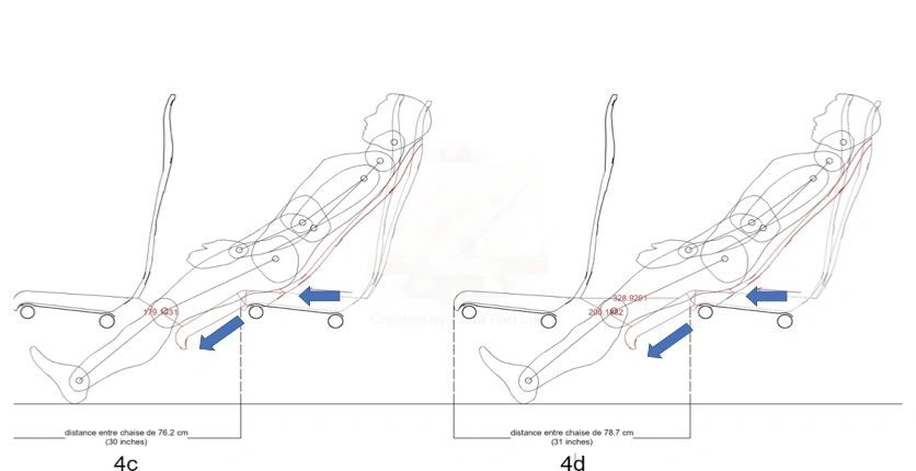 Two side-view line drawings of the LSEAT seat mechanism, views 4c and 4d, with the seat pan travel dimension and the recline angle callouts marked.